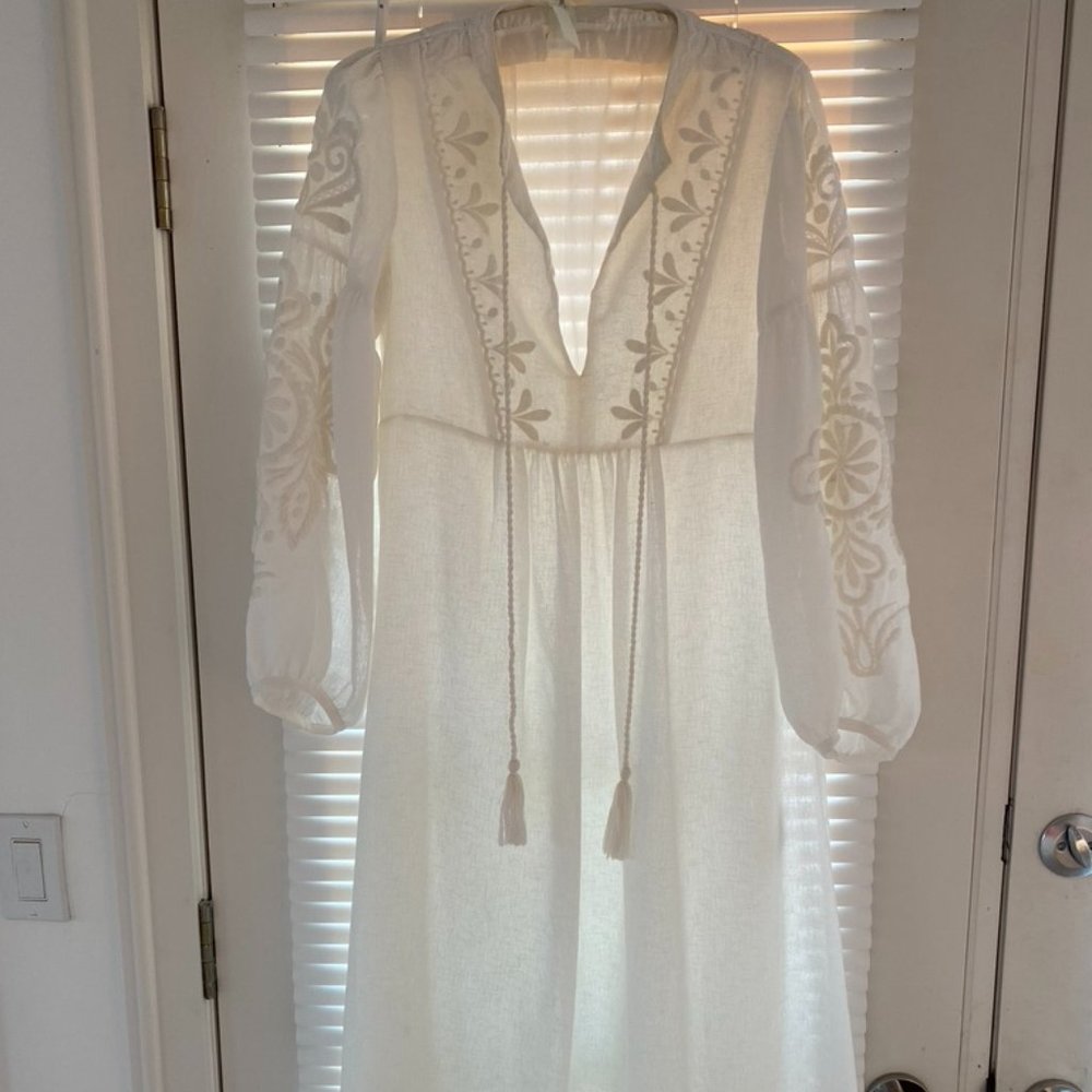 Zara Beige Linen Embroidered Tunic Dress